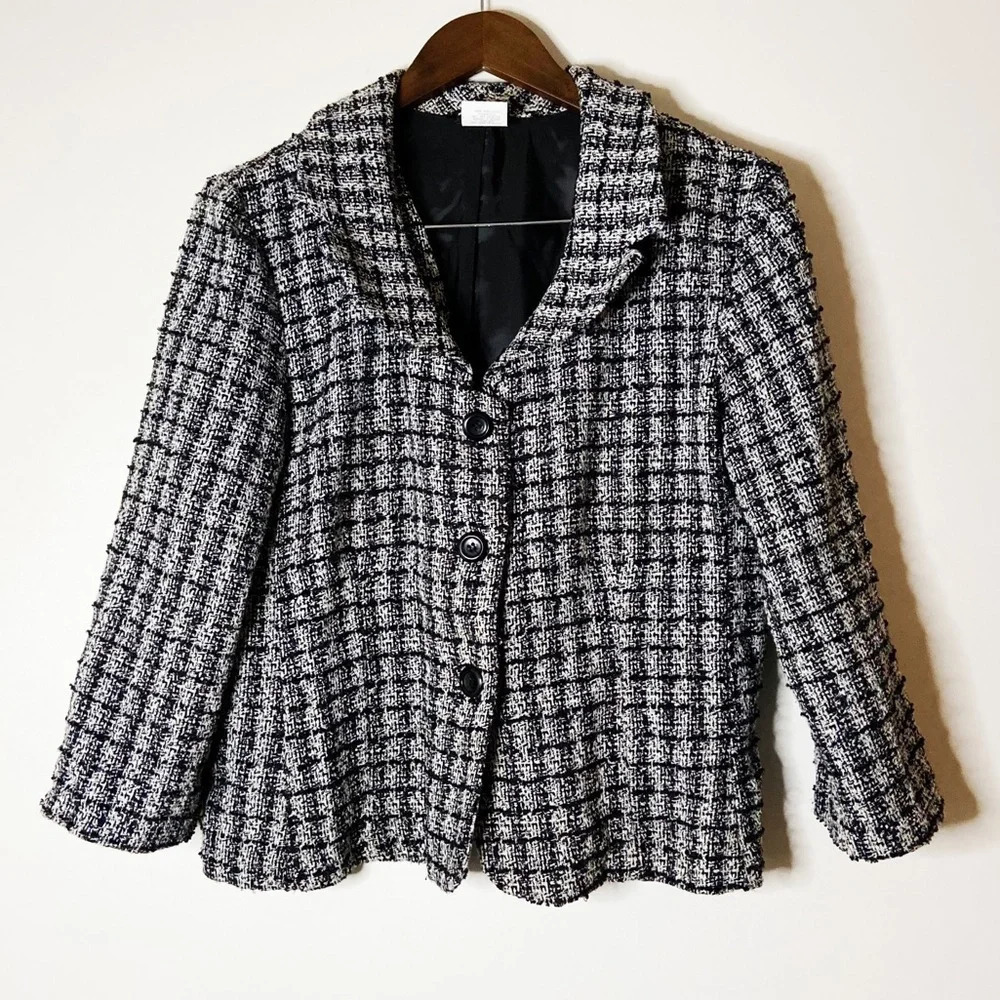 Vintage Tweed Knit Blazer Jacket Collared Plaid Sweater Size XL Office Fall